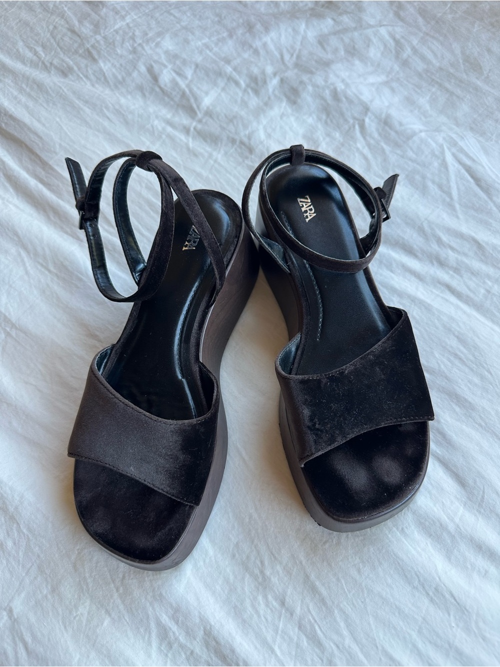 Zara Black Velvet Platform Sandal with Ankle Strap